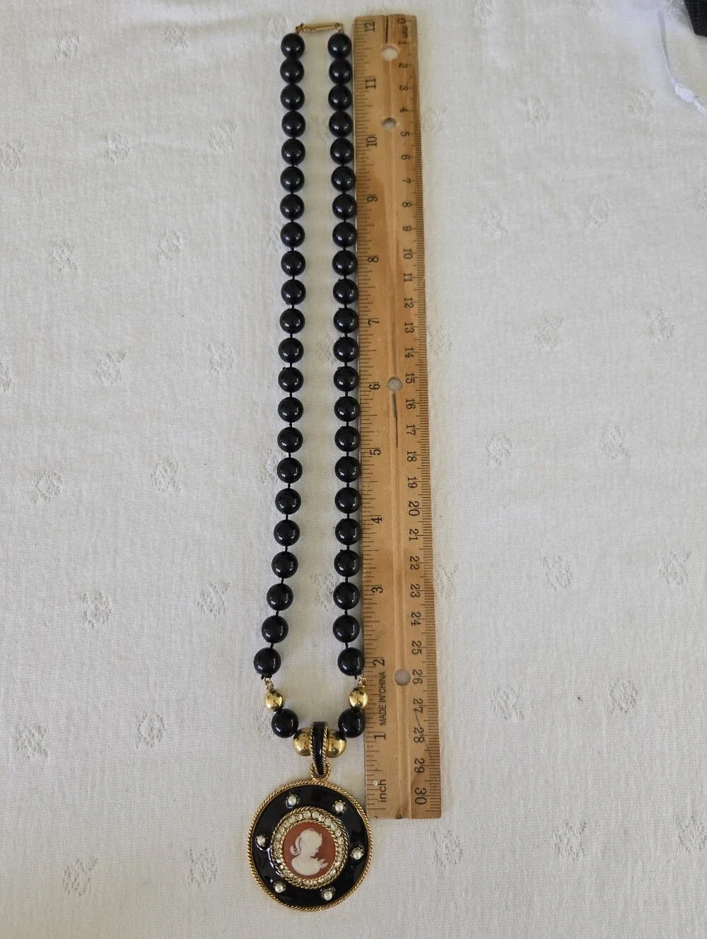 Vintage Unsigned Black and Gold Cameo Necklace & Earring Set